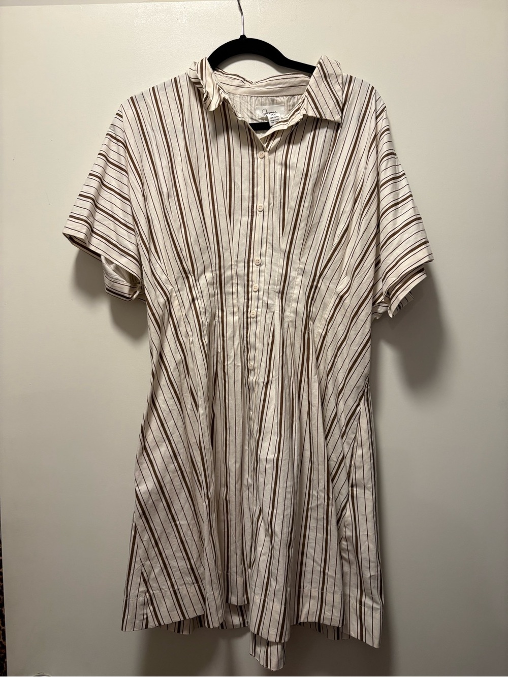 Cream Button-Down Shirt Dress with Brown Stripes